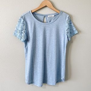 KOITMY Blue Lace Short Sleeve Top Women's Medium